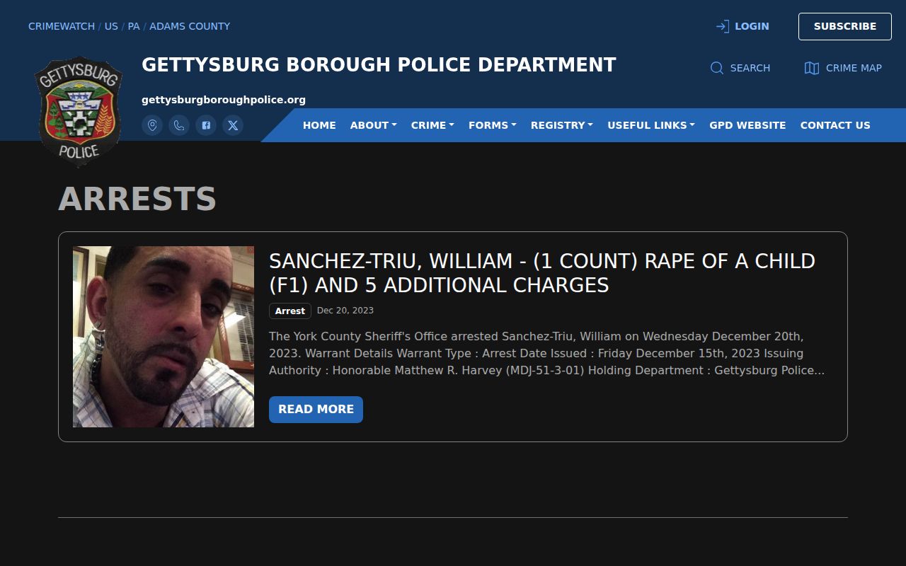 Gettysburg arrest record section on the official police CRIMEWATCH portal