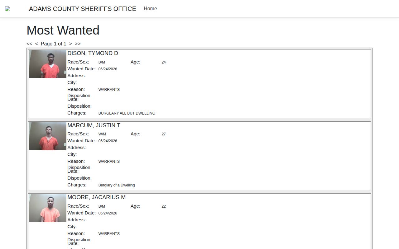 Adams County Sheriff Most Wanted official warrant record interface