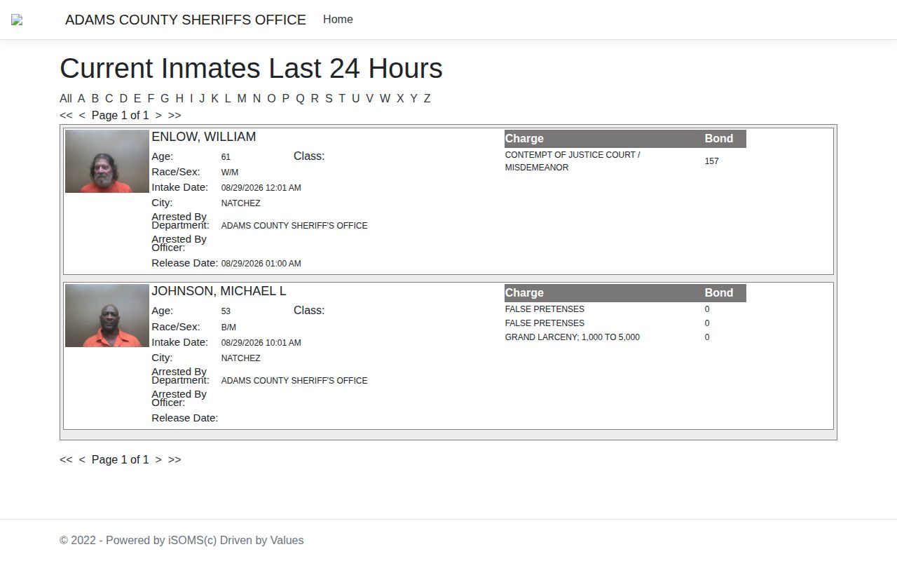 Adams County recent booking and release record window