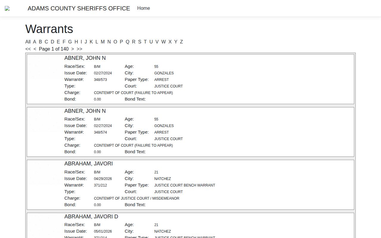 Adams County official warrant check record fields and search tabs