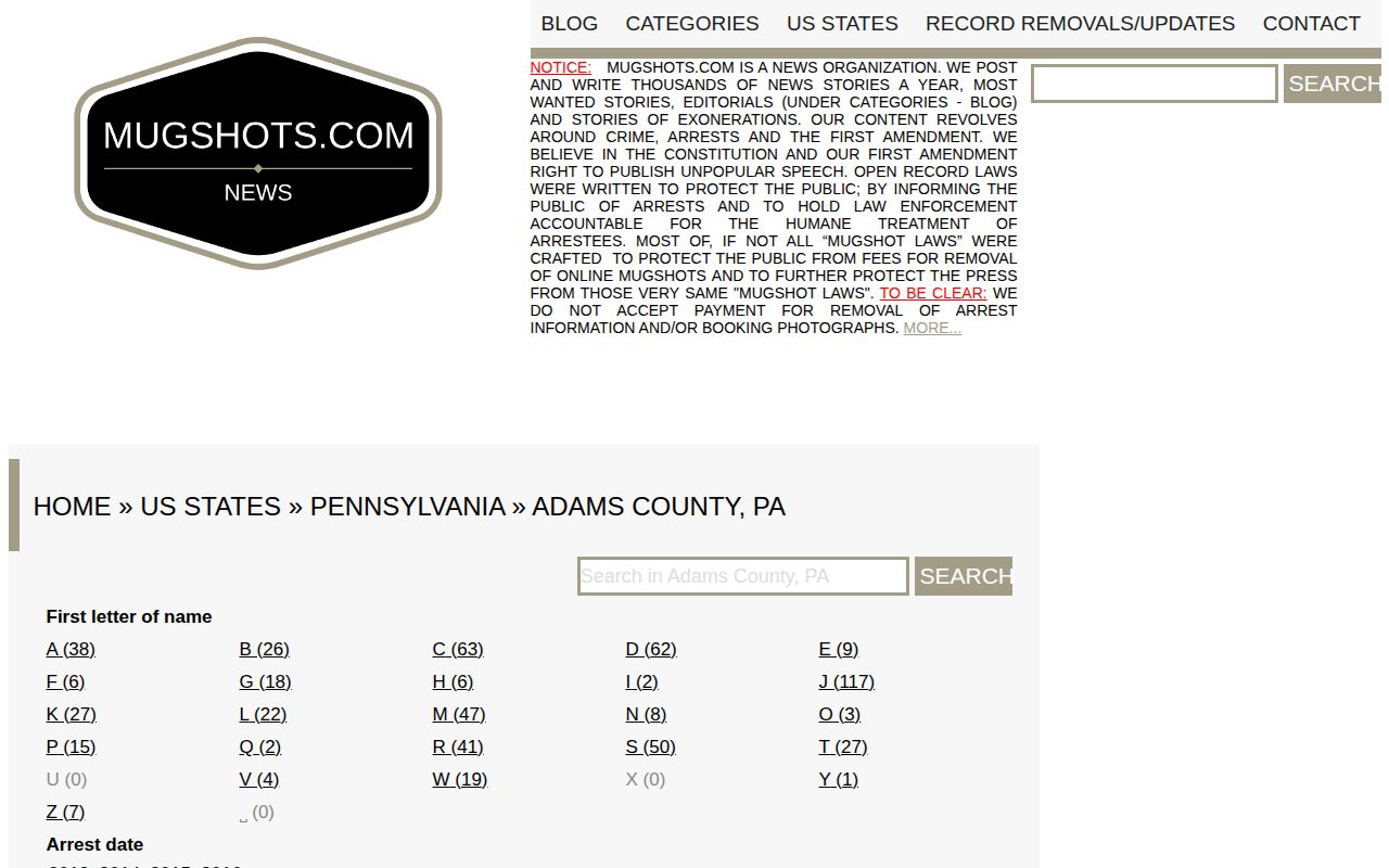 Adams County third-party mugshot news page shown as unofficial record context